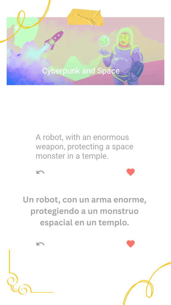 En la imagen vemos una captura de pantalla de la aplicación "What to Draw" que genera temas aleatorios sobre distintos géneros. En este caso el tema propuesto es "Un robot, con un arma enorme, protegiendo a un monstruo espacial en un templo".