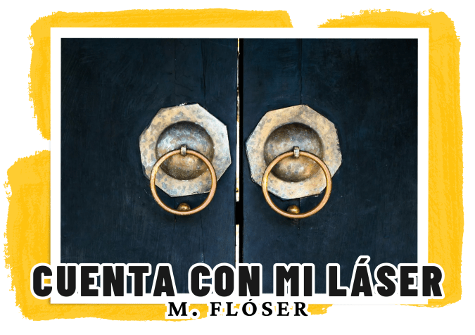 En la imagen vemos la entrada de un templo, pero solo vemos las argollas de la puerta negra de piedra. Es lo único que aparece en la imagen aparte de la rendija vertical que queda entre las dos hojas de la puerta. El relato se titula: “Cuenta con mi láser”.