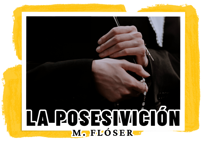 En la imagen vemos el primer plano de unas manos sujetando lo que parece un libro sagrado. Además, de las manos cuelga un rosario largo. Son manos femeninas, así que entendemos que se trata de una monja, porque la persona va vestida con una sotana o hábito negro. El relato se titula: La posesivición.