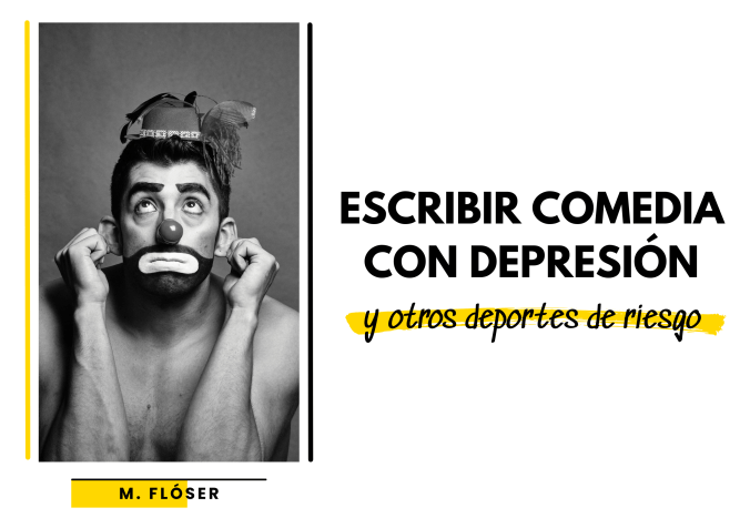 Vemos a una persona con las manos en la cara, desesperado. Además la imagen está distorsionada, de tal forma que la persona es un borrón, como si se moviera muy rápido y la cámara hubiera pillado varias poses al mimo tiempo. Además he incluido el título del artículo: "Escribir comedia con depresión y otros deportes de riesgo".