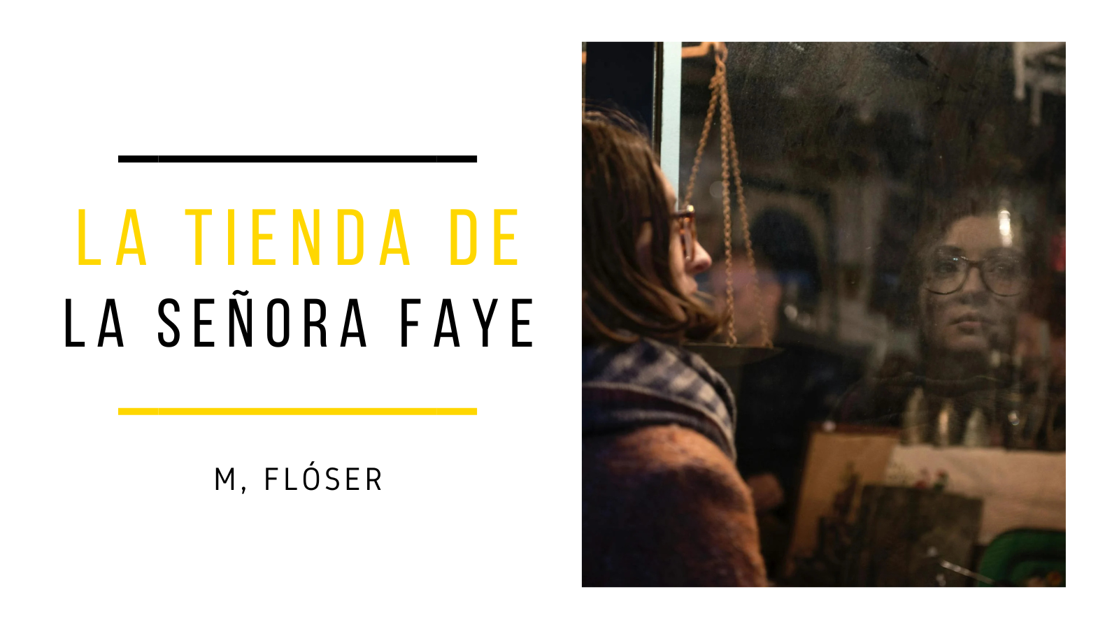 En la imagen vemos una chica joven, con gafas de pasta, delante del escaparate de un anticuario. Está ligeramente de espaldas a nosotros, pero le vemos parte de la cara, además podemos ver su reflejo en el cristal. Lleva puesto un abrigo y una bufanda, así que no creo que sea agosto. El relato se titula: “La tienda de la señora Faye”.