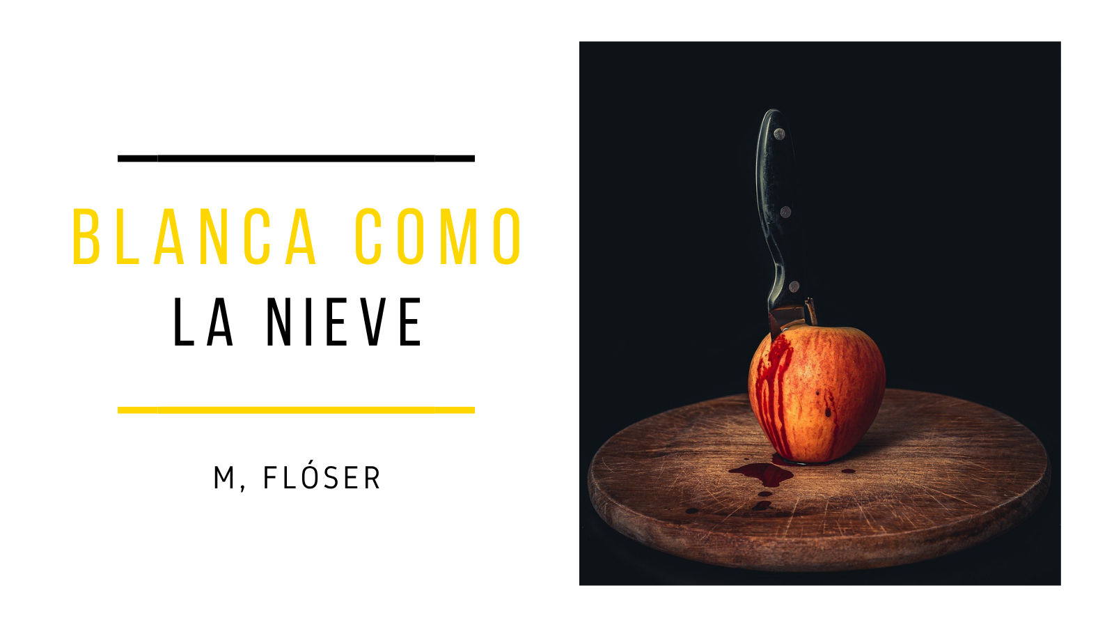 En la imagen vemos una manzana roja posada en una tabla de madera redonda. La manzana tiene un cuchillo clavado en la parte de arriba y de la “herida”, por así decirlo, sale sangre roja. El relato se titula: “Blanca como la nieve”.