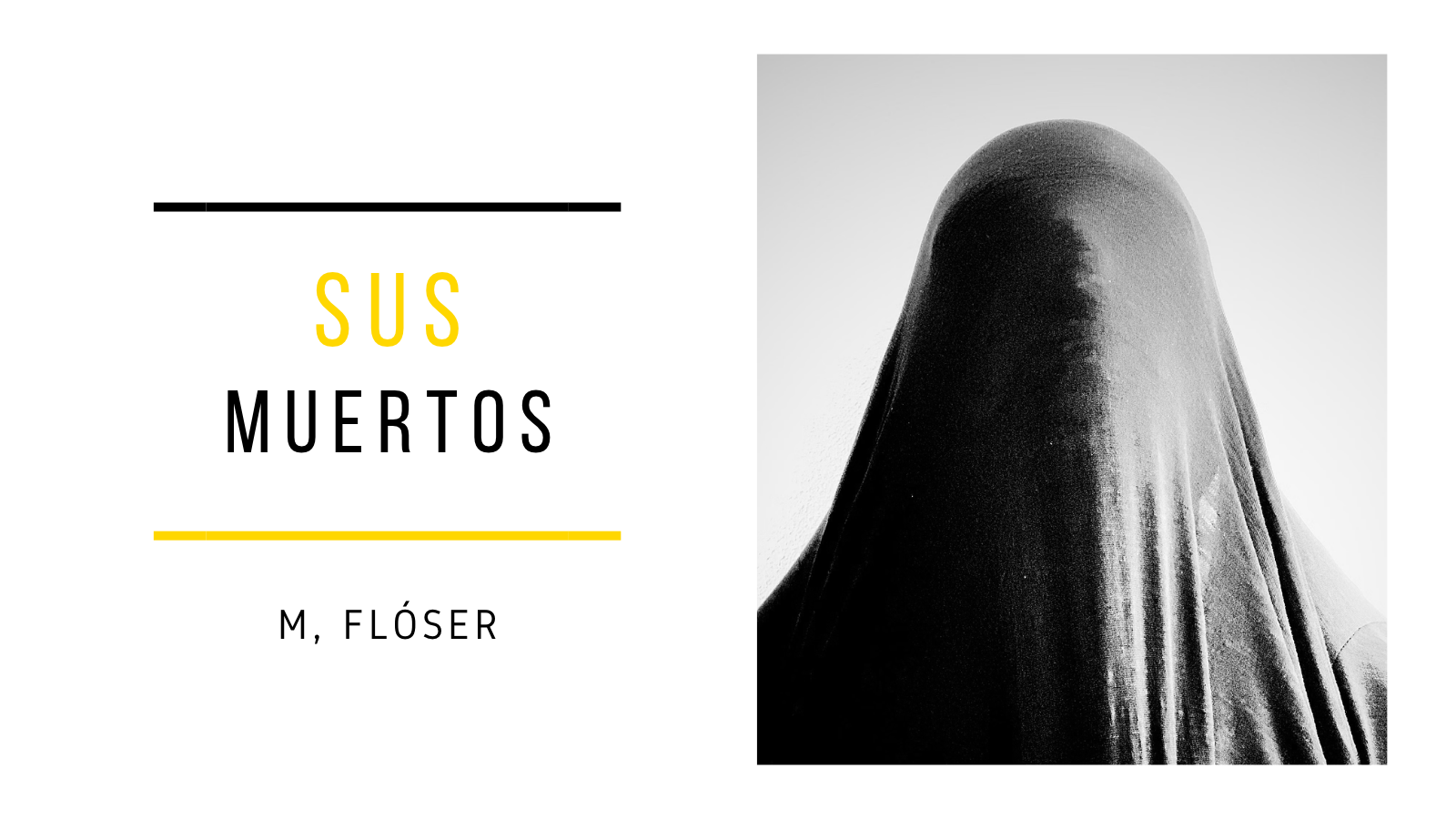 En la imagen vemos una figura, quizá una persona, cubierta por un velo negro. No se le ve el rostro, aunque se intuyen algunas partes marcadas en la tela, como las cuencas de los ojos o el bulto de la nariz. Incluso así, con la tela, puedes imaginar que lo que hay bajo el velo es una calavera o, mejor dicho, un esqueleto. El relato se titula: "Sus muertos".